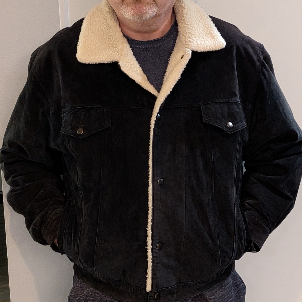 Ash Creek Trading Vintage Black Suede Bomber Jacket with Cream Sherpa Lining
